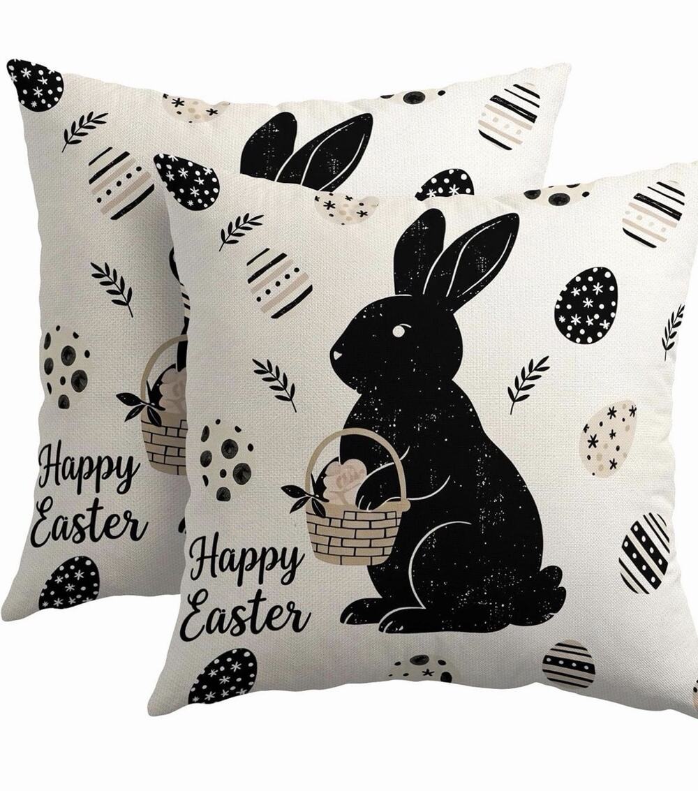 Happy Easter Bunny Pillow Covers 18X18 Inch Linen Black White 2 Pc
